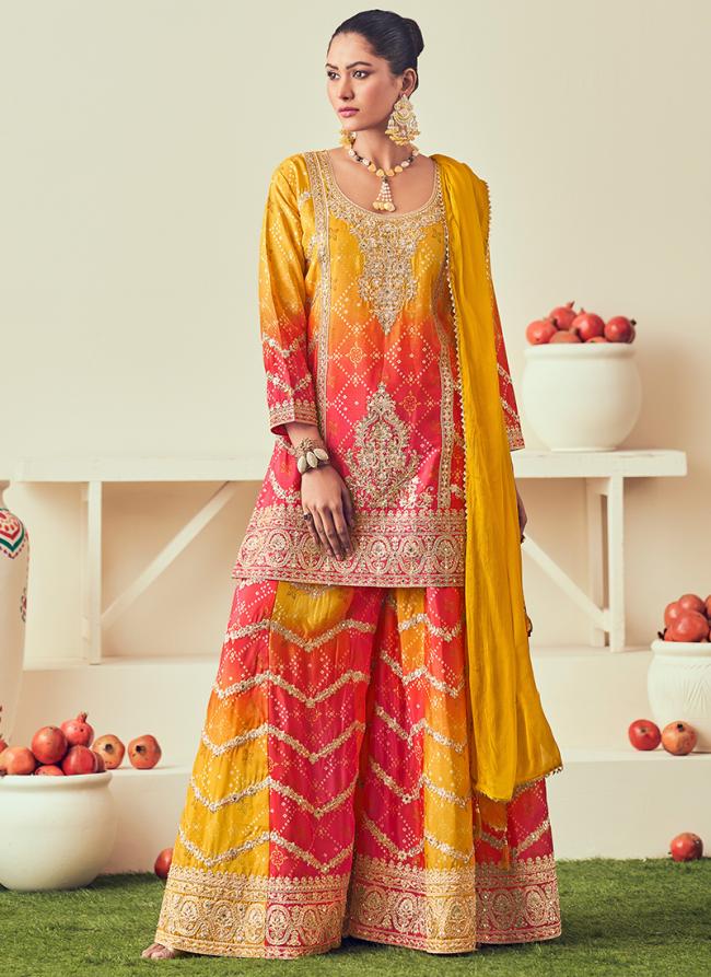 Chinnon Yellow Wedding Wear Embroidery Work Readymade Plazzo Suit